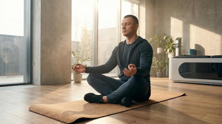A sportive man meditating in a modern gym to master fitness and cortisol reduction.