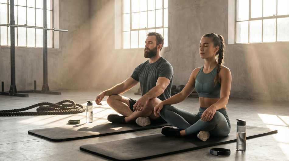 A fit couple using meditation and breathing techniques for fitness and cortisol reduction after a workout.