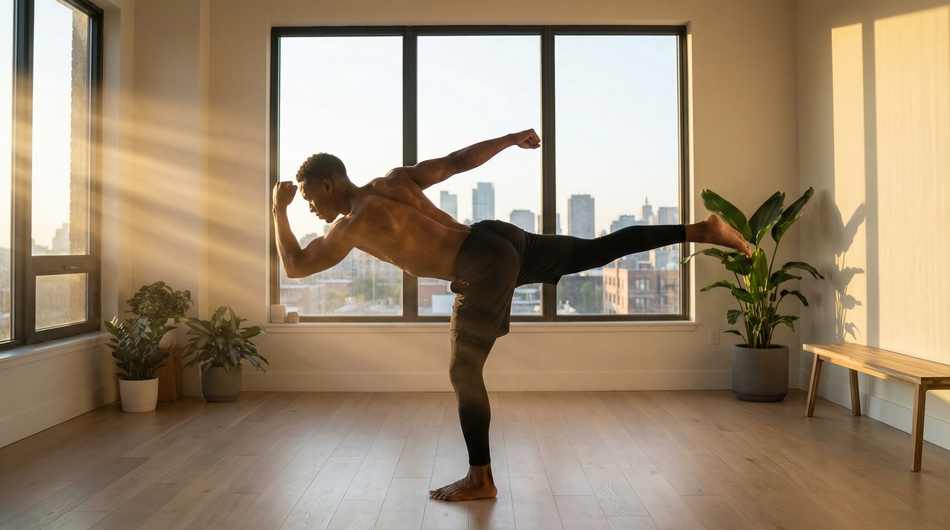 Vibrant, healthy man outdoors after a session, symbolizing the longevity benefits of combining NAD+ and yoga.