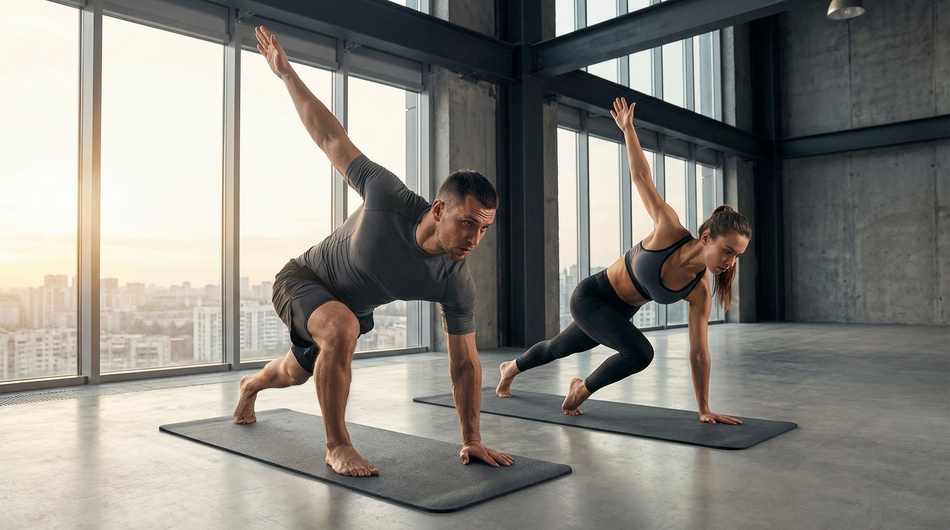 A sportive couple performing dynamic flows in a modern studio, illustrating the synergy of NAD+ and yoga for combating physical inaction.